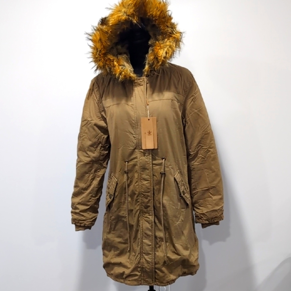 Wenven Khaki Winter Coat with Faux Fur Hood